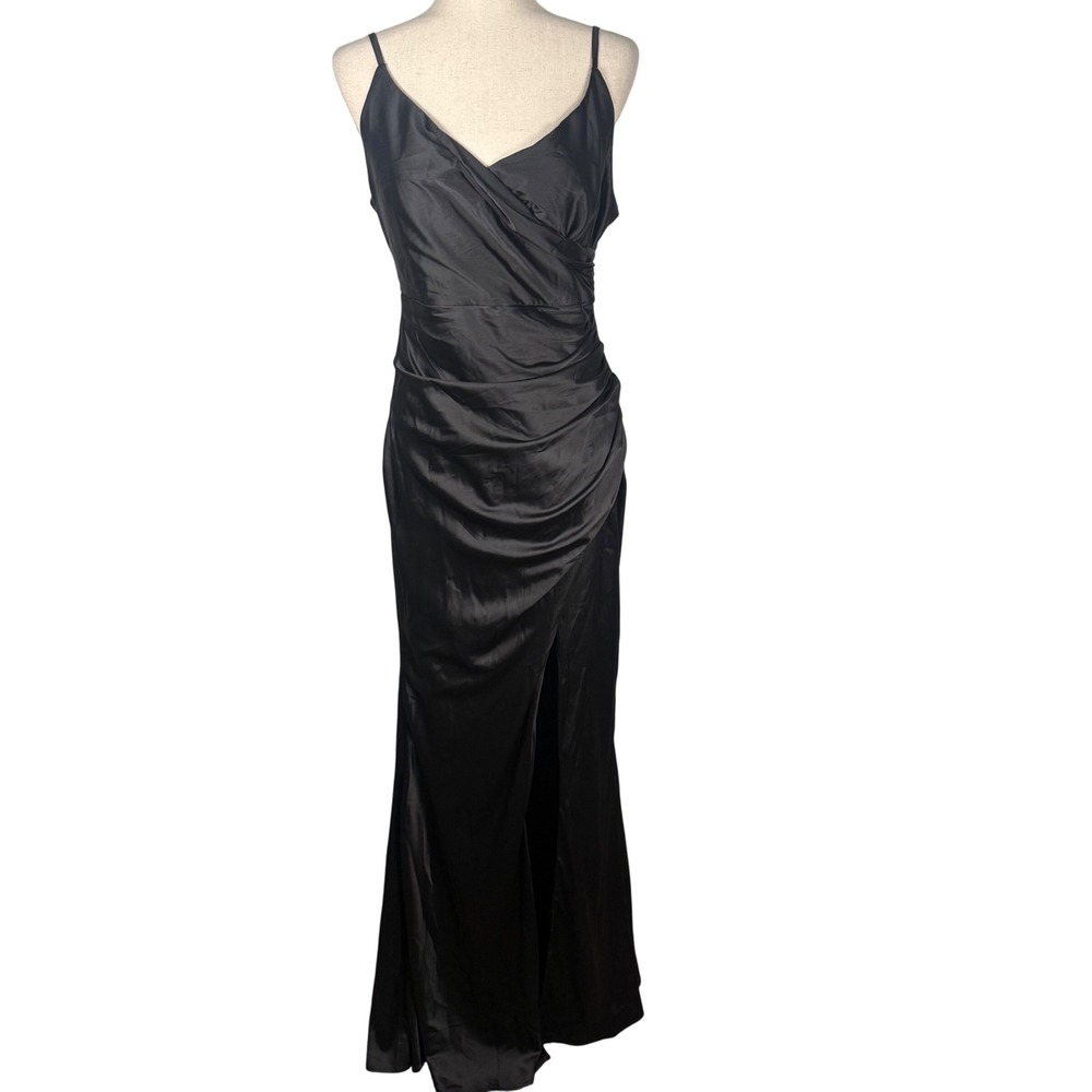 Baltic Born Monet Satin Gown Womens Large Black Polyester Formal Slit Maxi Dress